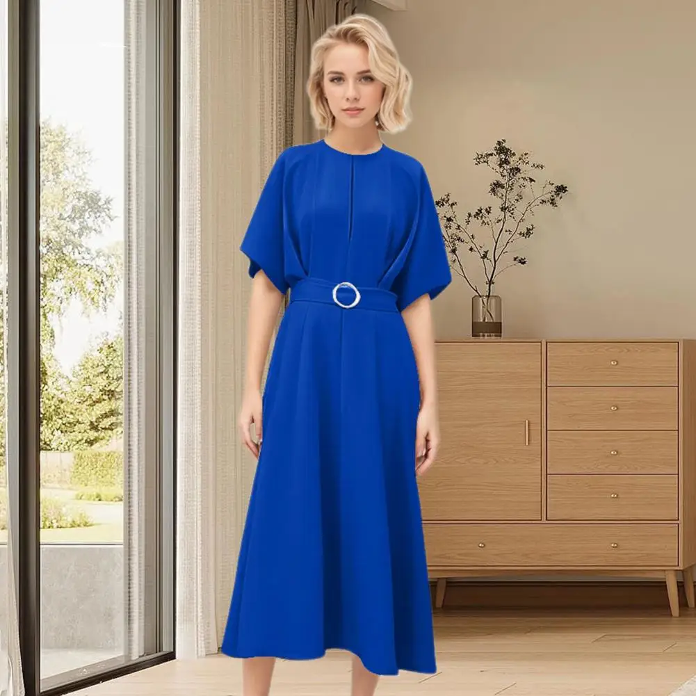 

Women Business Dress Elegant Women's A-line Midi Dress Chic Ol Commute Style Slim Waist Short Sleeves Solid Color for Shopping