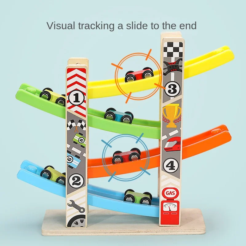 4/7 Track Wooden Ramp Racing Toddler Toy Car Set Montessori Educational Toy Game Mini Inertia Slide Roller Coaster Racing 3