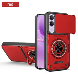 360° Ring Holder Stand Armor Phone Case with Slide Camera Lens Protector | Shockproof Heavy Duty Back Cover for Vivo V70 FE (Red)