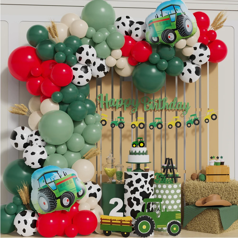 

113pcs Farm Tractor Balloon Arch Garland Kit Cow Green Latex Balloons Boys Birthday Farm Party Decorations Baby Shower Supplies