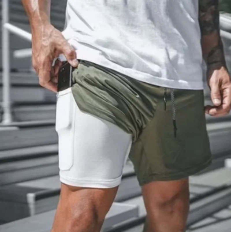 M-4XL European Men's Sports Summer New 2 In 1 Beach Double Layer Mobile Phone Pants Gym Exercise Jogging Training Shorts