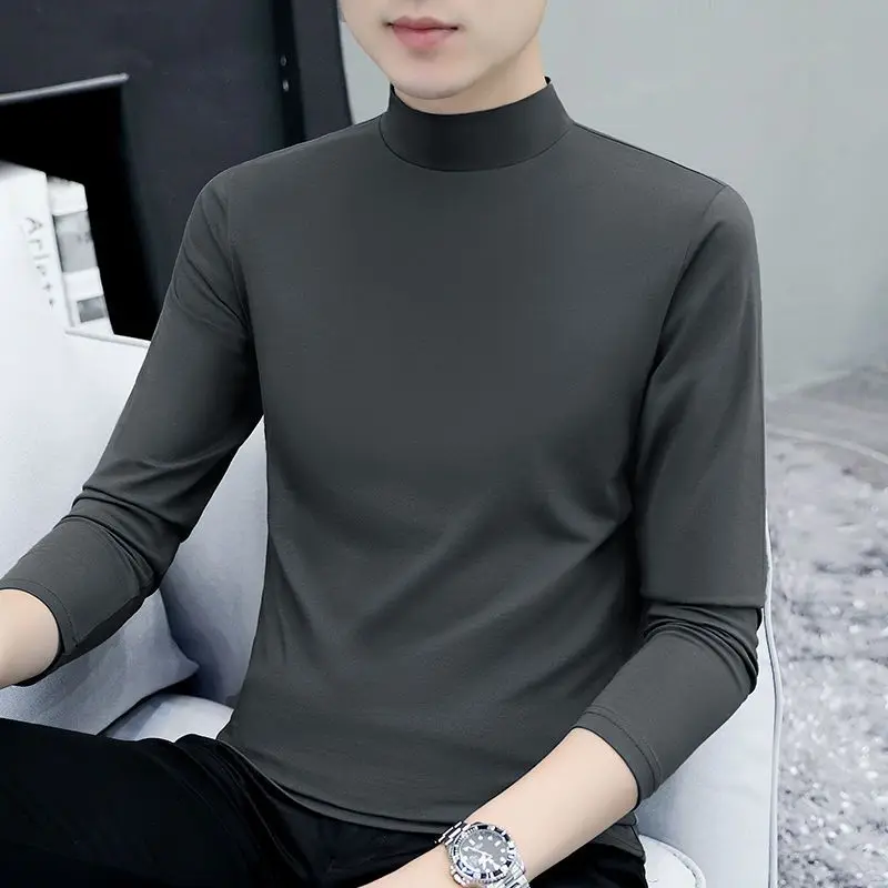 

Autumn Korean Men T Shirt Casual Style Cotton Black Half High Collar Long Sleeve Tshirt Clothing Large Size M-4XL E939