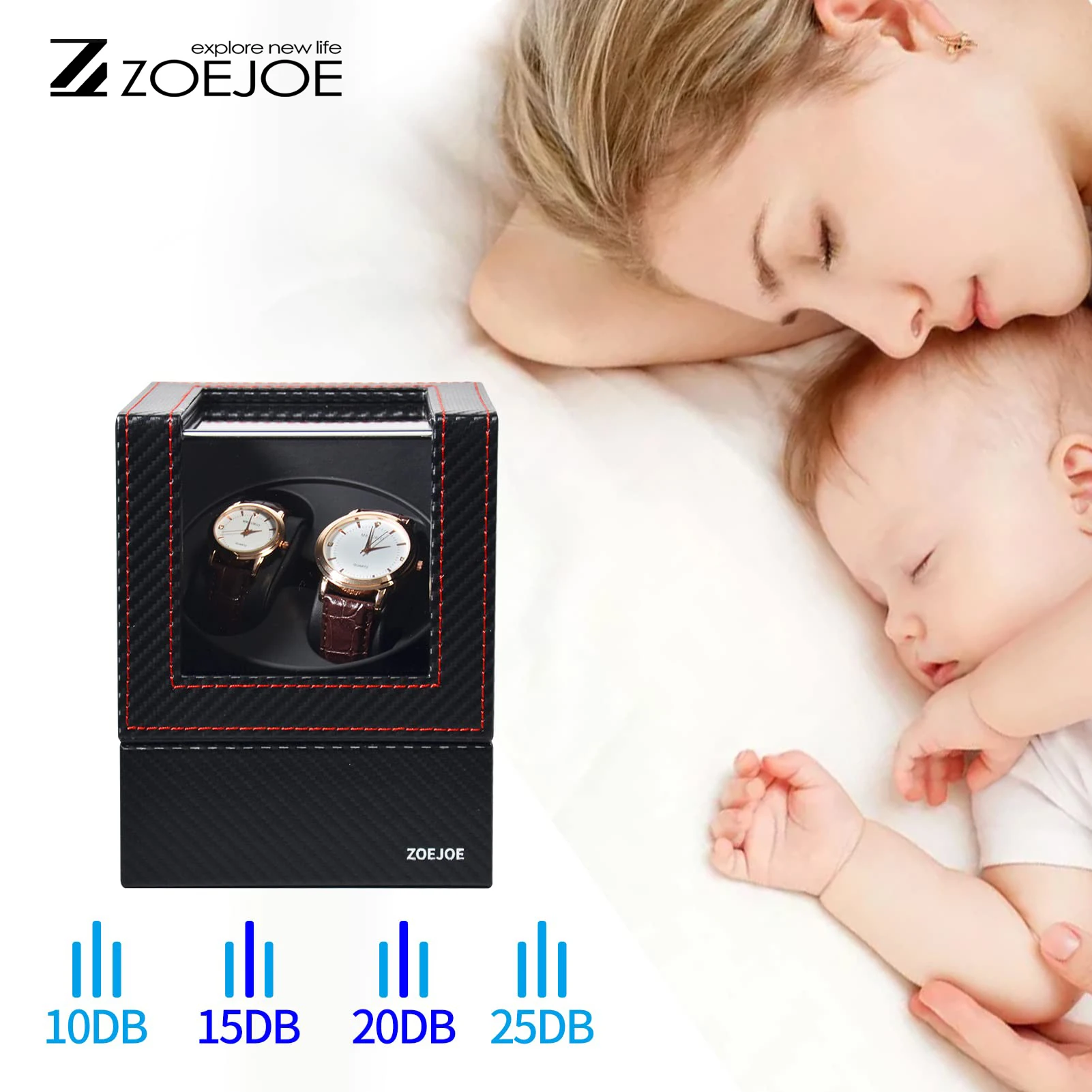 ZOEJOE 2+0 시계 와인더, 탄소 섬유 질감, 조용한 모터, 컴팩트 사이즈, 남성 여성을 위한 자동 기계식 시계 보관함
