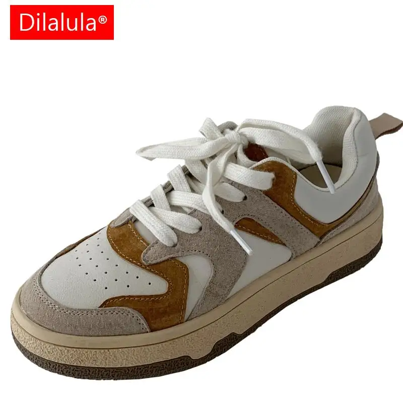 

Dilalula Mixed Colors Cow Suede Leather Women Sneakers Casual Outdoor Girls Flats Lace-Up Comfortable Students Flat Sneakers