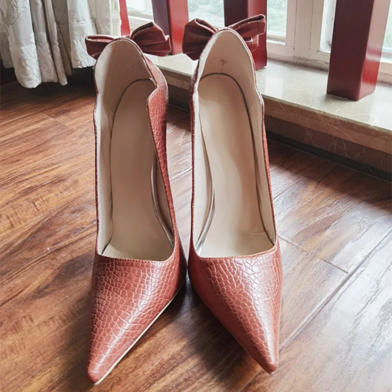 

Women's Shoes Fashion Pumps New Handmade Original Design Brown Snake Print Shoes Pointed Toe Bow Stiletto 15cm High Heels