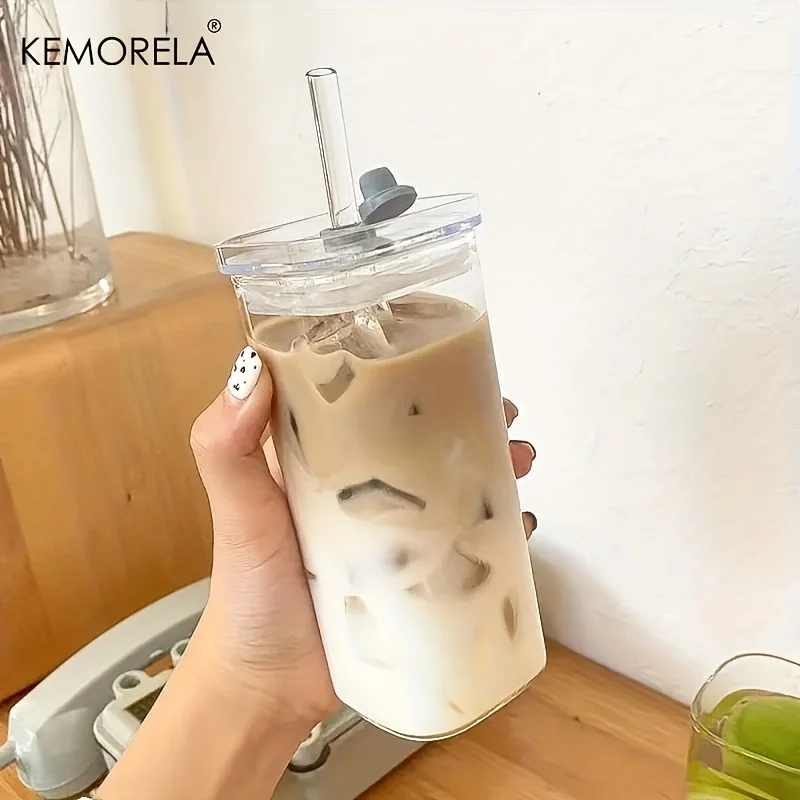 Stainless Steel Cups Whiskey Glass Drinking Glasses Set Crystal Glass Cup Bubble Glass Cup Square Glass Mug Double Wall Glass Mug 4/6PCS Portable Drinking Cups 380ml/500ml Heat Resistant Glass with Lid and Straw Suitable for Iced Coffee Juice Milk