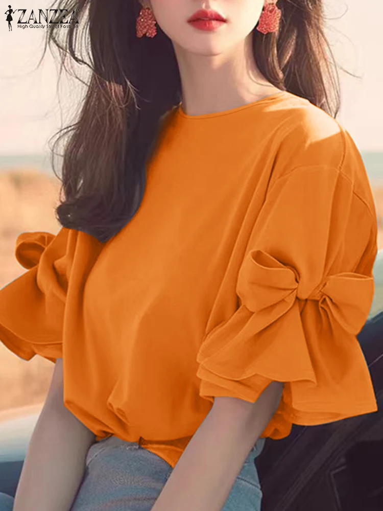 ZANZEA Women Korean Ruffles Chiffon Blouse Autumn Elegant Lantern Short Sleeve Tops Spring Shirt Vintage Bow Tie Patchwork Tunic 2