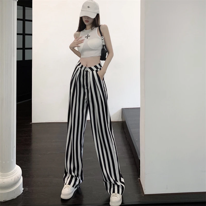 Women's High Waisted Black and White Striped Wide Leg Pants Summer High Street Versatile Casual Wide Leg Mop Trousers Female