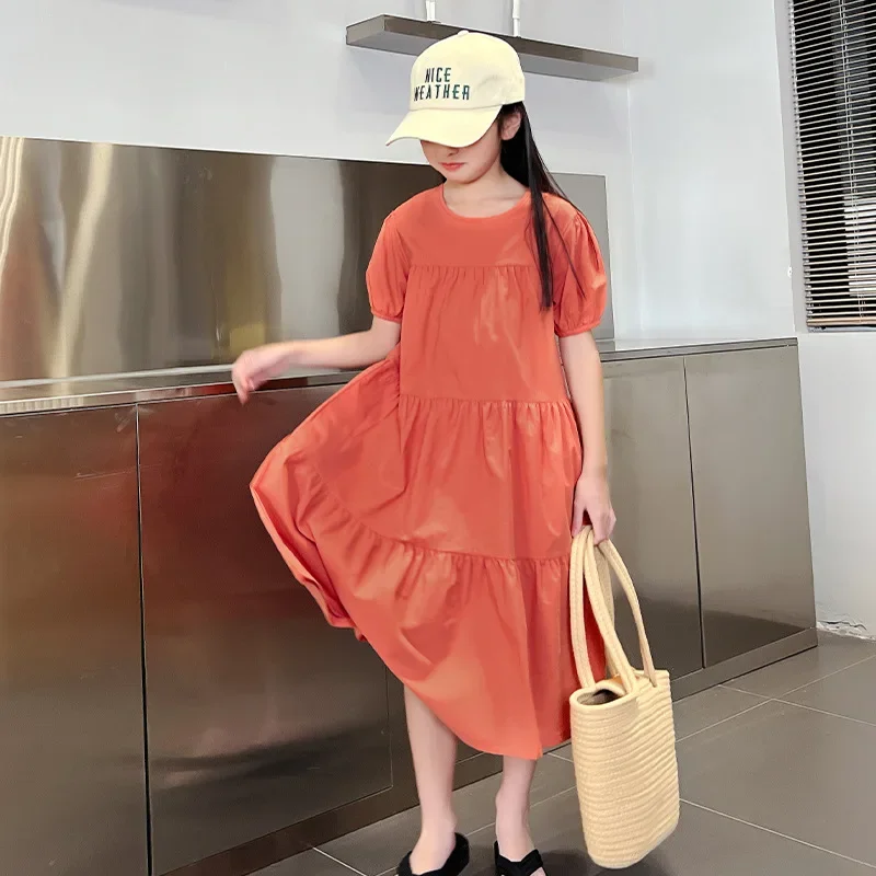 

Children Cotton Dress 2024 Summer Short Sleeve Solid Color Clothing Loose Midi Length Casual Dress, #7295