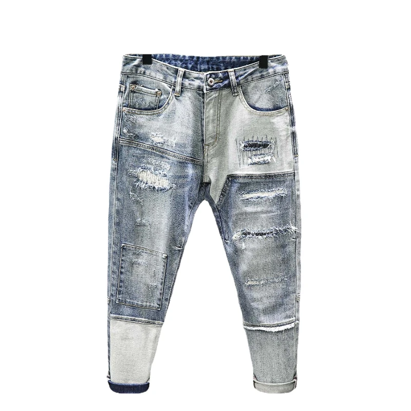 Men Jeans Ripped Jeans Ripped Patchwork Jeans Autumn Winter Men's Straight Slim Ripped Hole Patch Vintage Distressed Fashion Splicing Denim Pants Streetwear
