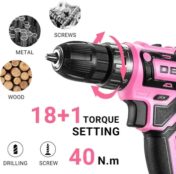 Power Drill Cordless: DEKO Pink Cordless Drill 20V Electric Power Drill Set Tool for Women 3