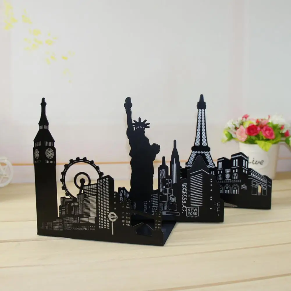 1 Pair of Famous Scenic Spots Style Metal Iron Desk Art Bookend Non-skid Art Bookends Bookrack Book Ends Shelf Rack sujetalibros 1pc desktop graffiti adjustable bookends metal non skid expanding file folder holder retractable book rack stand grey