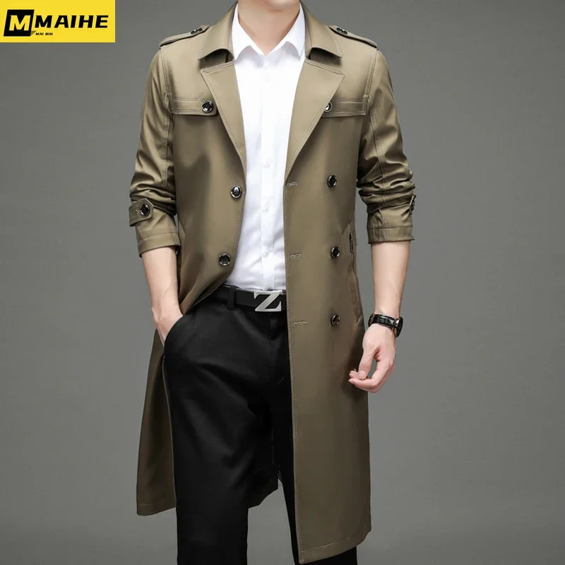 Luxurious Super Long Windbreaker Double-breasted Trench Coat Men’s Cotton Polyester Classic British Fashion Coat Brand Clothing