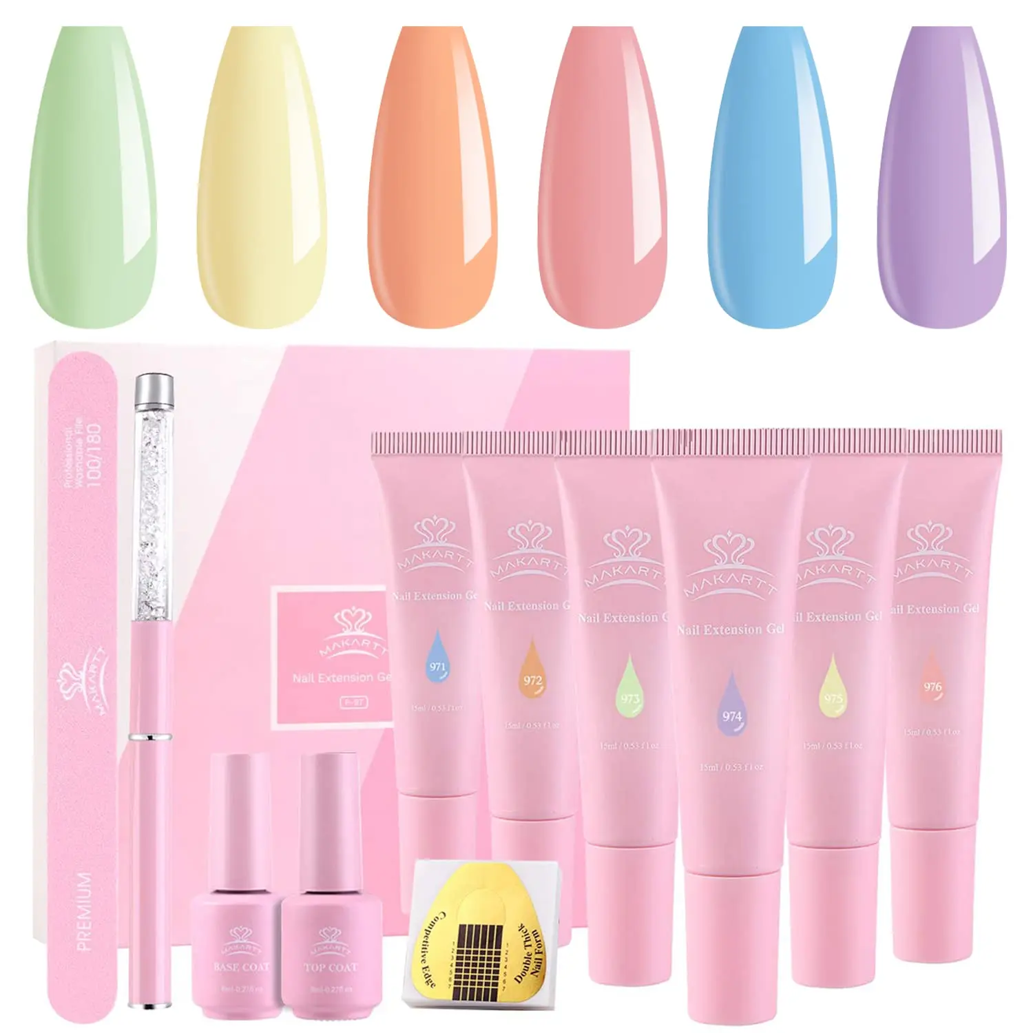 Kit Gel di estensione per unghie in polietilene Makartt, soluzione antiscivolo necessaria Gel per unghie rosa blu con Base Coat Top Coat Starter Kit All-in-One