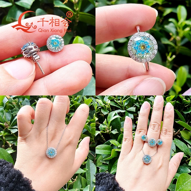 Blue Purple Eye's Stone Mixed Special Color 10mm Pendant S925 Silver round Shape Jewelry Set Ring Earrings Necklace for D