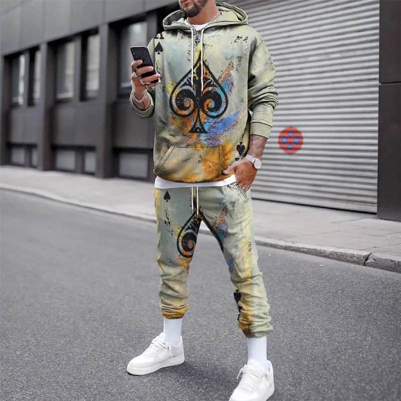 Roupas masculinas calças ternos esportivos streetwear poker hoodies outono inverno 3d impressão quente pulôver moletom lazer conjuntos de treino
