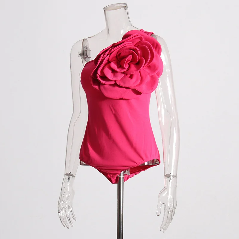 

Rose Red Skinny Bodysuits for Women Fashion 3D Flower Appliuqes One Shoulder Tops Sexy Club Party Body Short Playsuits Jumpsuit