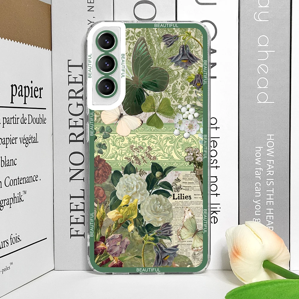 Cool Green Retro Flower Stickers Soft TPU Clear Phone Case Cover
