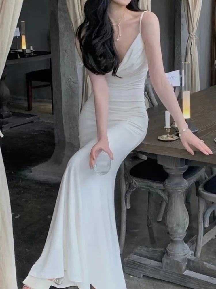 

Summer Women Elegant Bodycon Midi Dress Spaghetti Strap Casual Party Wedding Long Sundress Sleeveless Chic Female Clothes Robe