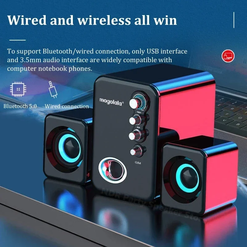 2.1 멀티미디어 데스크탑 스피커 시스템 USB 전원 3.5mm AUX 블루투스 오디오 박스 RGB 컬러 브리딩 라이트 중저음 스테레오 사운드