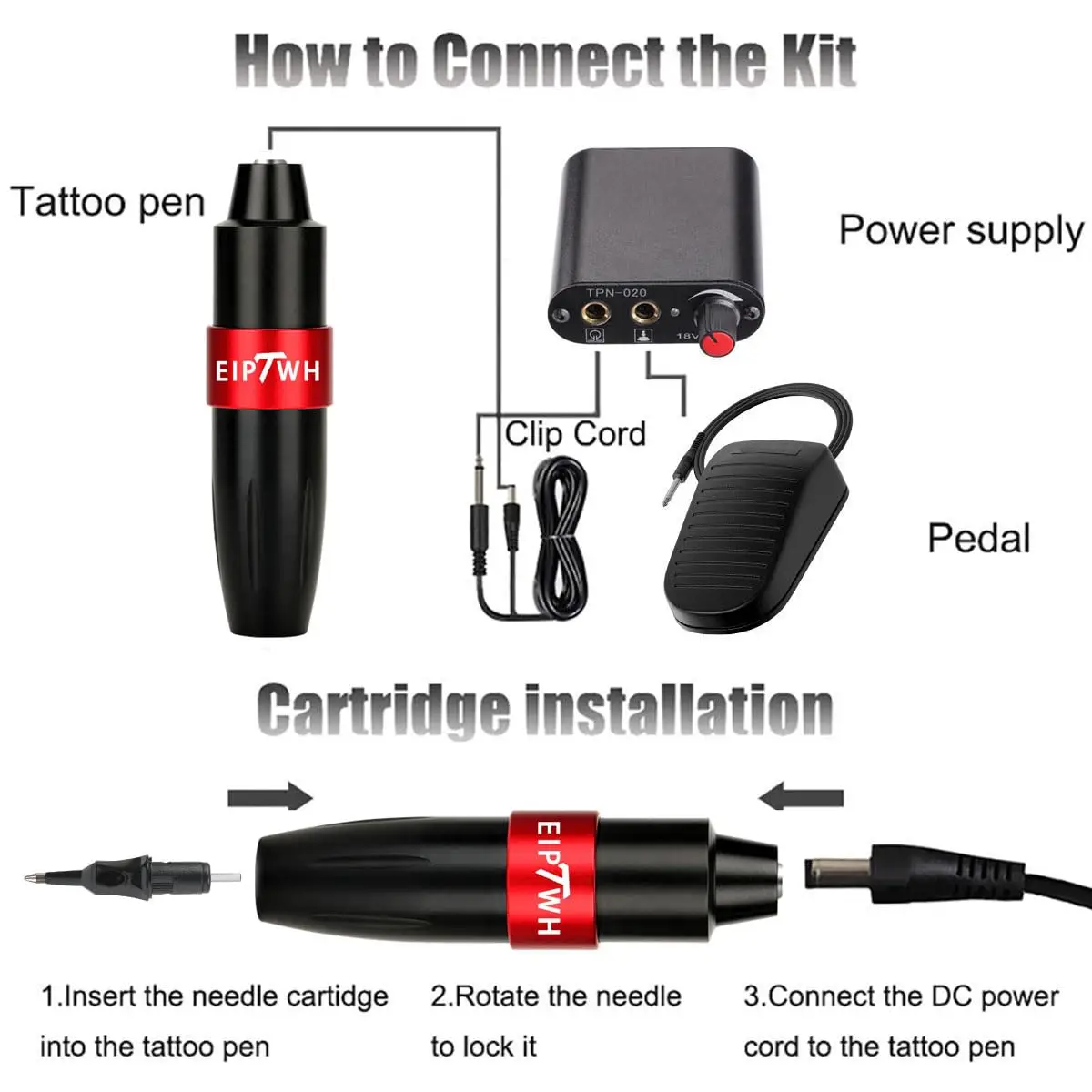Tattoo kit with 20pcs 4 Colors Tattoo Ballpoint Pen Cartridges for dot work for beginners