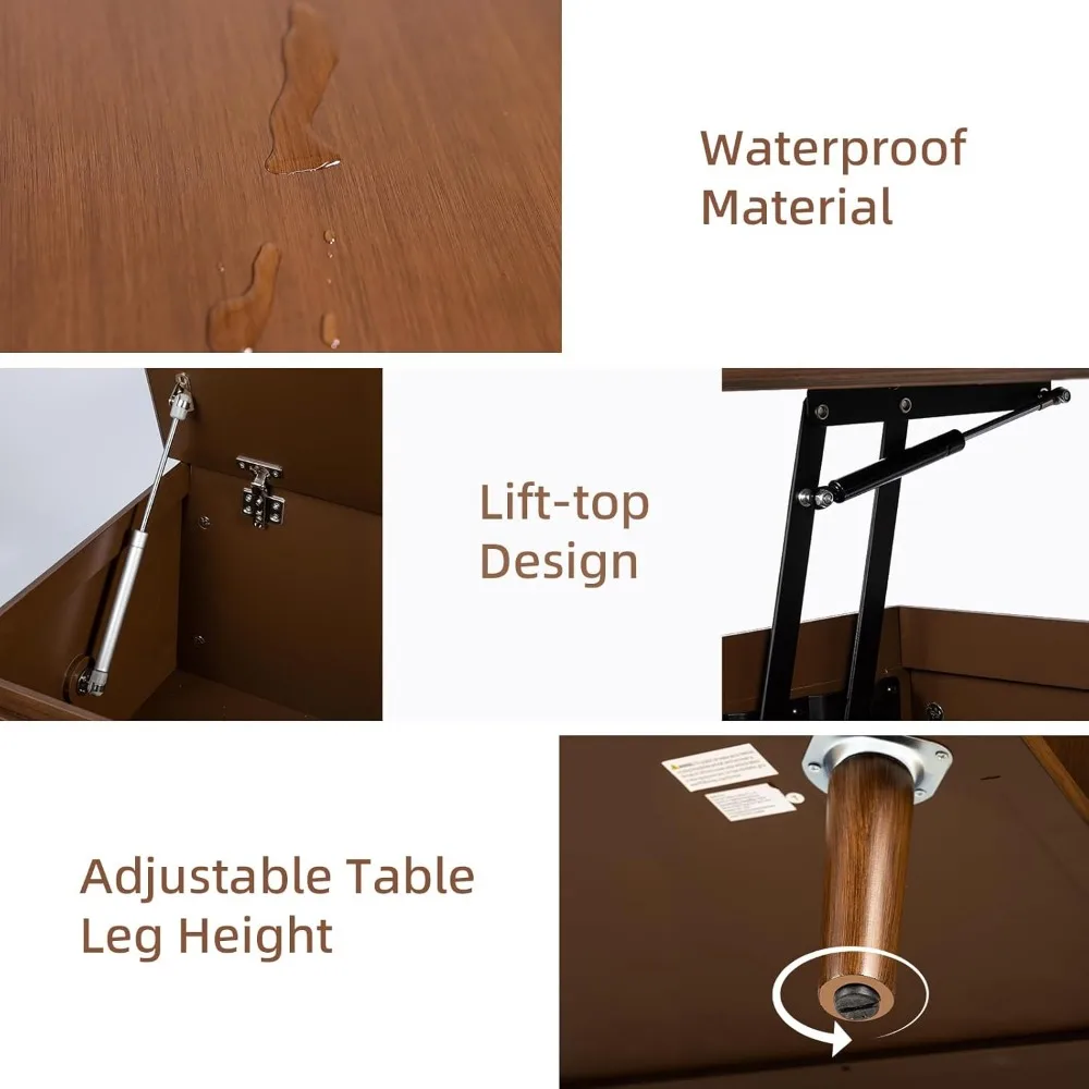 Lift Top Coffee Table with Storage and Hidden Compartment, Wooden Lift Tabletop, Mid Century Modern Wood Coffee Table