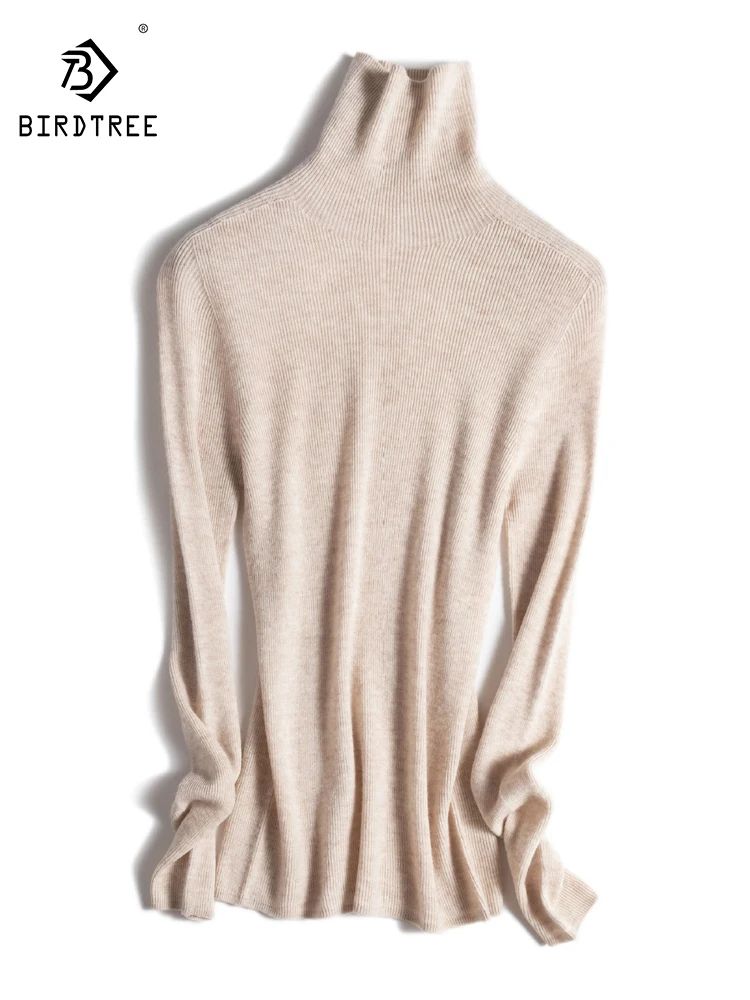 

Birdtree 100% Wool Basic Knitted Underlay Sweater Women Autumn Winter Stacked Collar Stretch Slim Pit Stripe Sweater T3N146QC