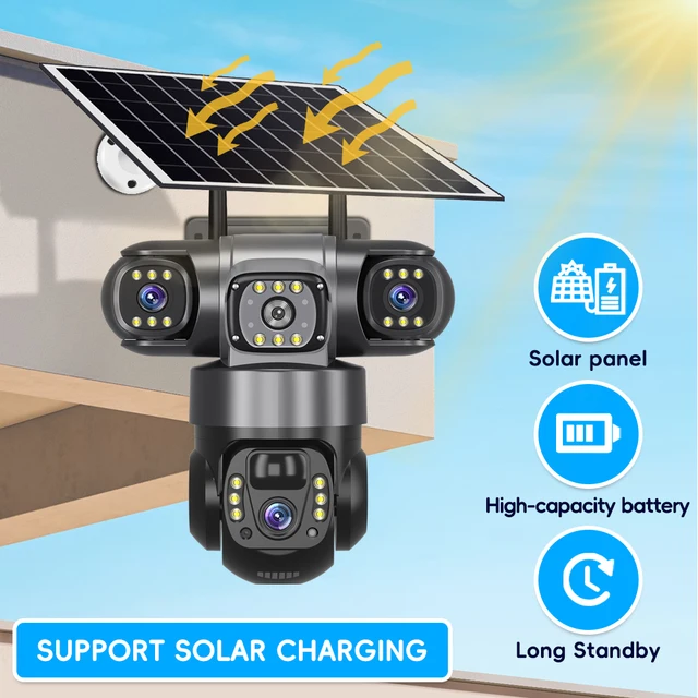 Three Lens Solar IP Camera 4G Outdoor 6K 12MP Three Screen PTZ Cameras With Solar Panel Color Night Vision Home Surveillance 3