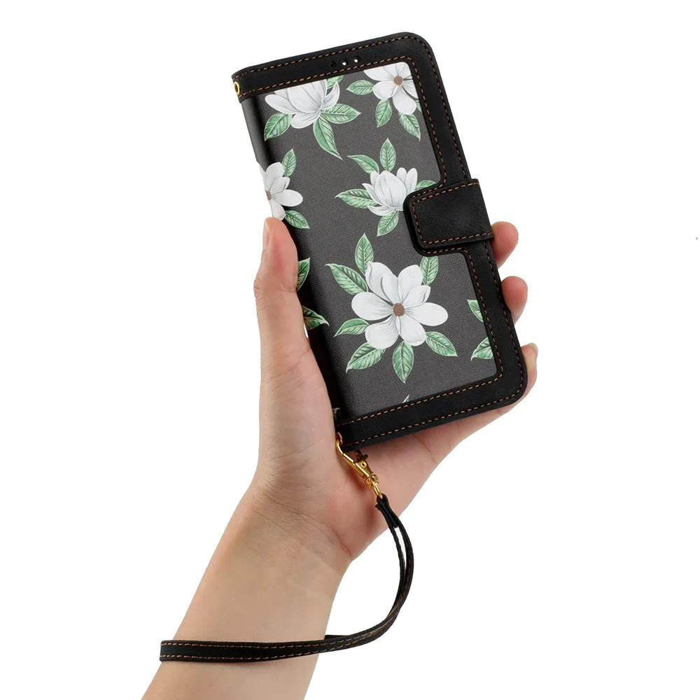 Elegant PU Leather Flip Wallet Case with Beautiful Floral Design and Convenient Wrist Strap