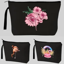 

Canvas Flamingo Print Pattern Women Travel Storage Bag Toiletries Organize Cute Cosmetic Bag Strap Portable Zipper Make Up Bags
