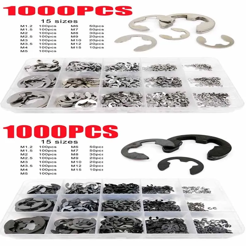 

580/1000pcs Washer M1.2 to M15 Black Carbon or Stainless Steel External Retaining Ring E Clip Snap Circlip Washer for Shaft Kit