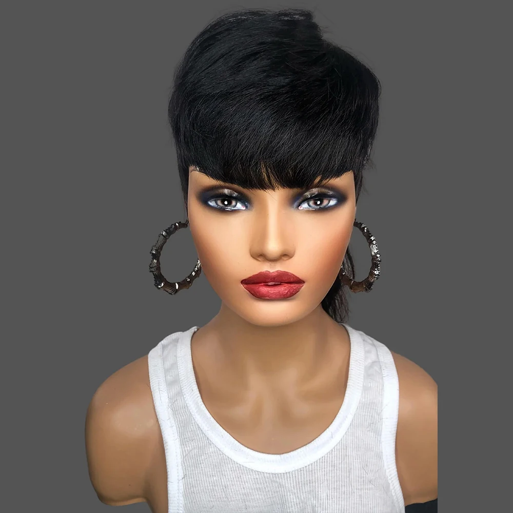 Mullet Wig Highlight Full Machine Made Wig With Bangs Glueless Brazilian Human Hair Wigs For Women 99j Short Pixie Cut Wigs