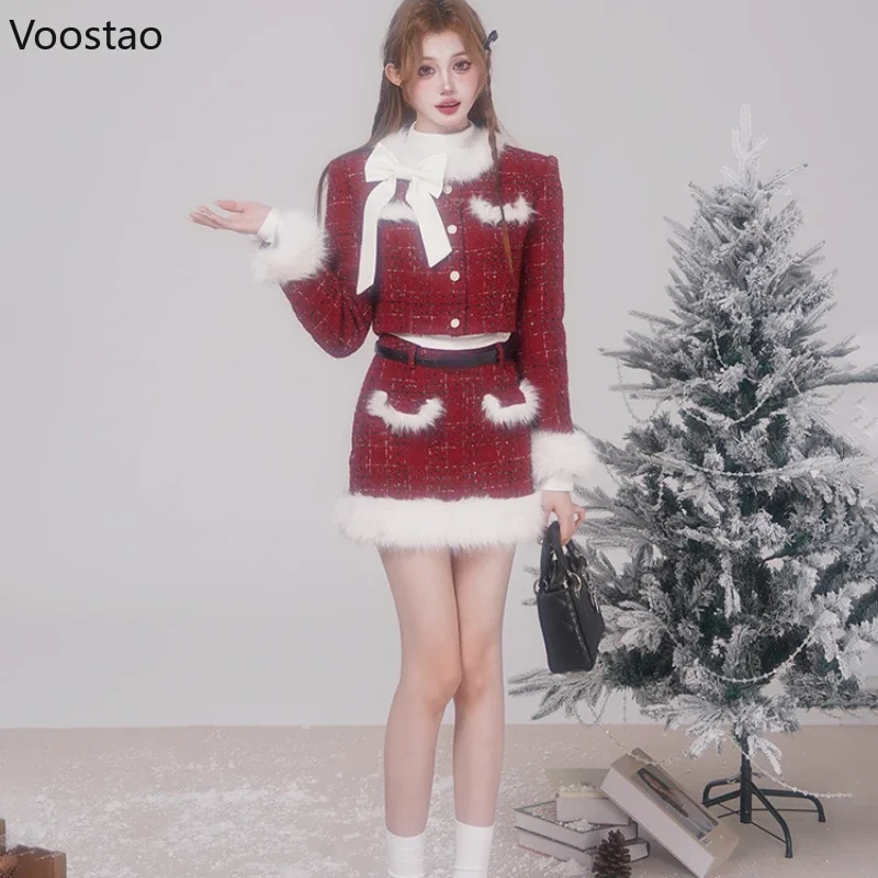 Autumn Winter Elegant Christmas Red Tweed Plaid Skirt Sets Women