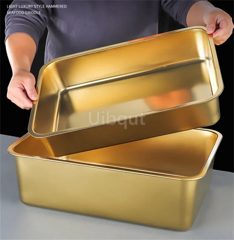 Gold golden 304 stainless steel plate Storage tray rectangular square oven basin baking pot dish deep bbq cafeteria soup bowl