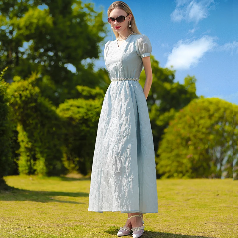 

Young Lady Summer Jacquard Long Dress Short Sleeve Floral Holidays Vacation Dress Women Events Party V-neck Puff Sleeve