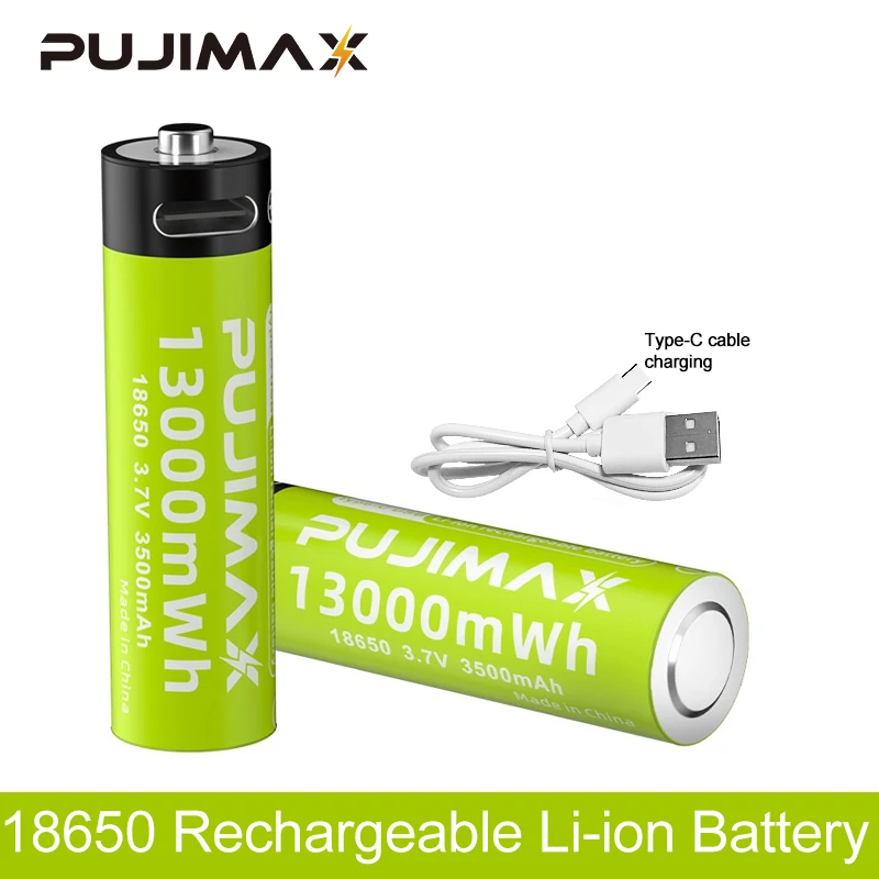 

PUJIMAX New 18650 Rechargeable Lithium Battery Super Large Capacity 13000mWh 3.7V Li-Ion Battery With Type-C Cable Fast Charging