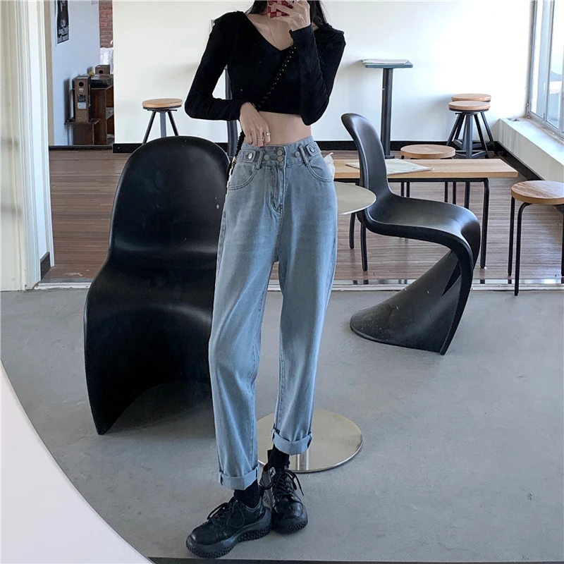 Hzirip Blue S-L Women Jeans Fashion High Waist Casual OL Loose New Summer 2022 Chic Lady Denim Slim Straight Wide Leg Pants straight jeans