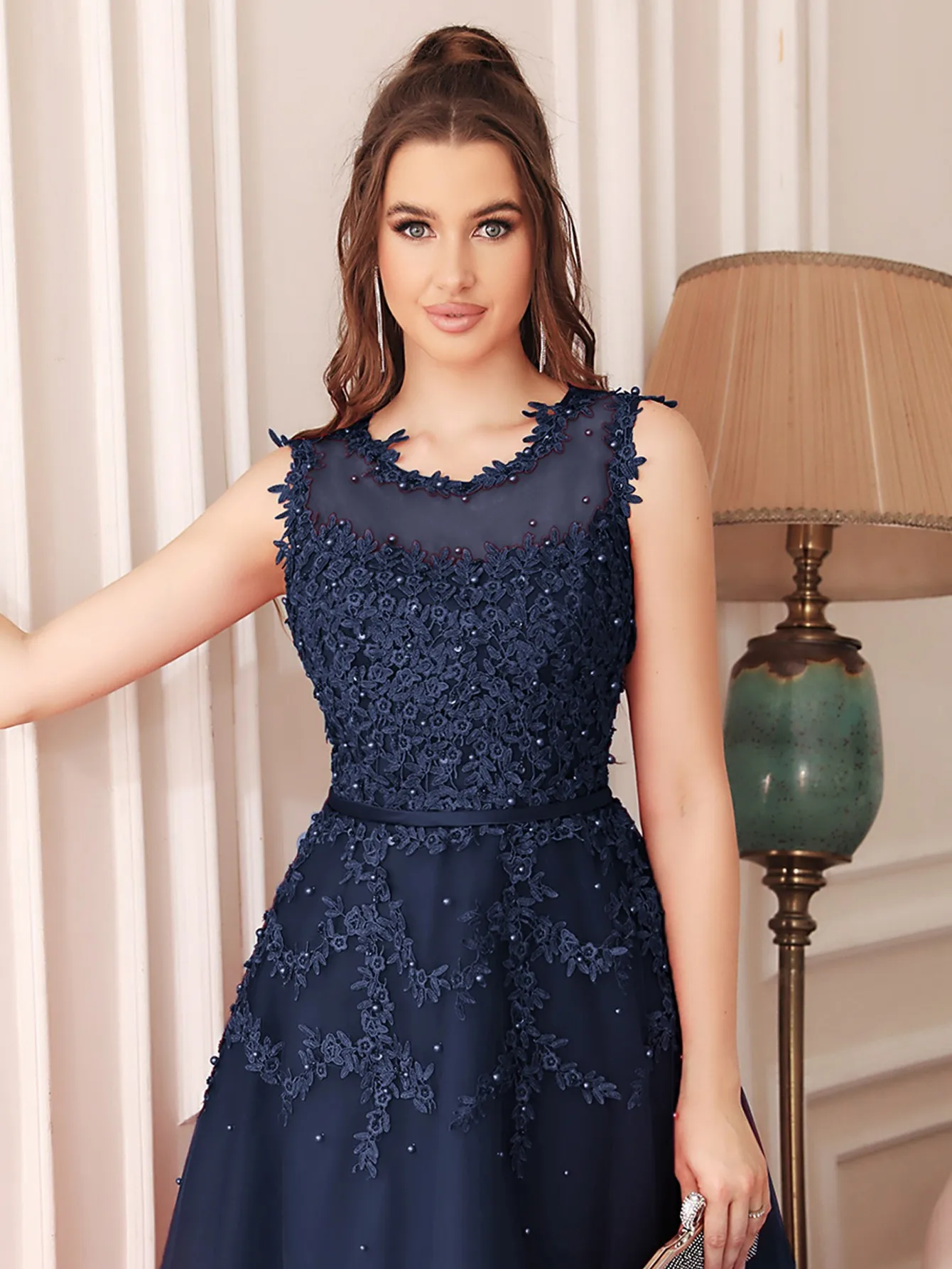 Soft Tulle Evening Dresses Women Appliques Flower Illusion With Sashes Beading Tea Length Formal Party Prom Gown Vestido De Gala - Image 3