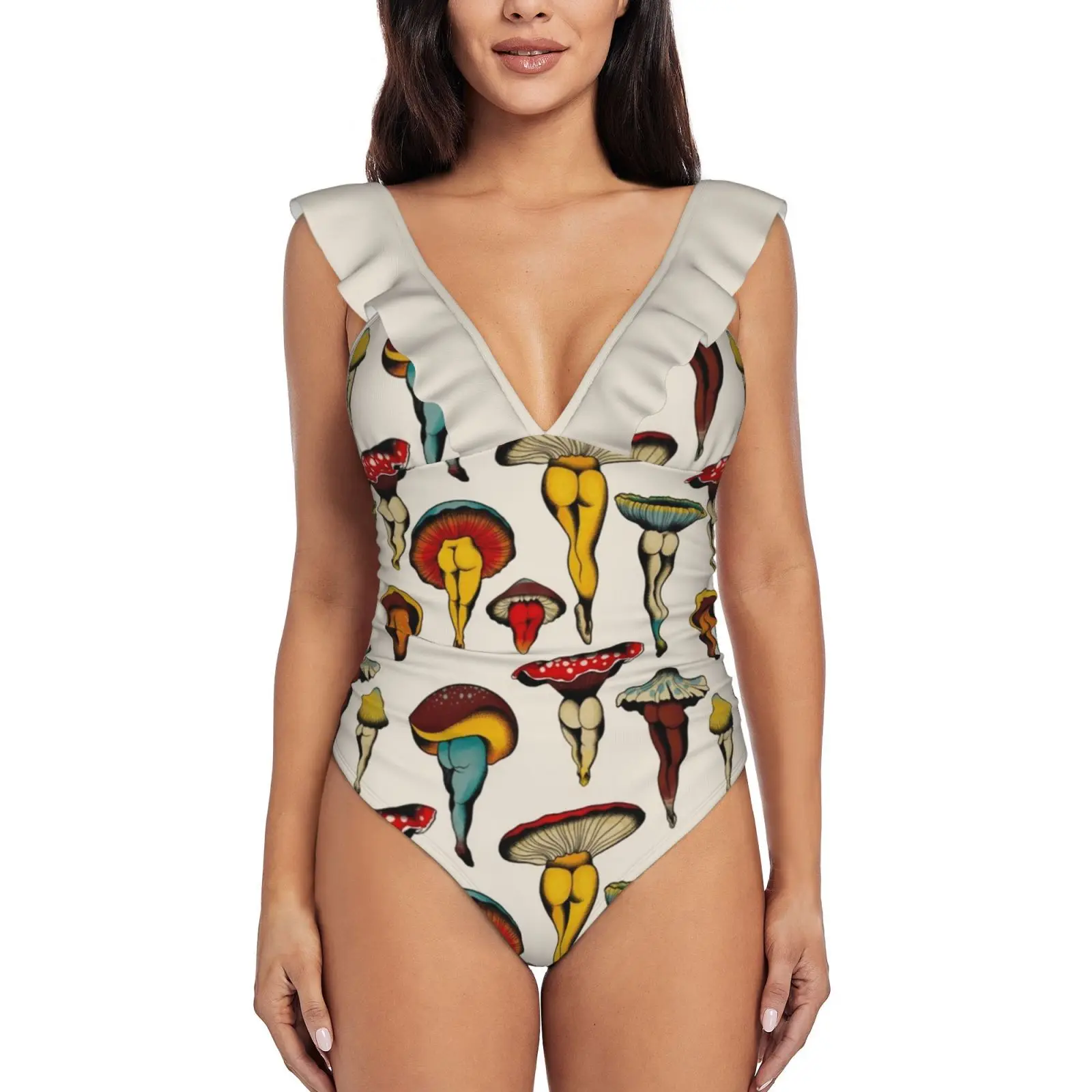 

Sexy Mushrooms Tattoo Flash Ruffle Swimsuit Women'S Swimwear Monokini Beachwear Bathing Suits Tattoo Flash Mushrooms Butt Cute