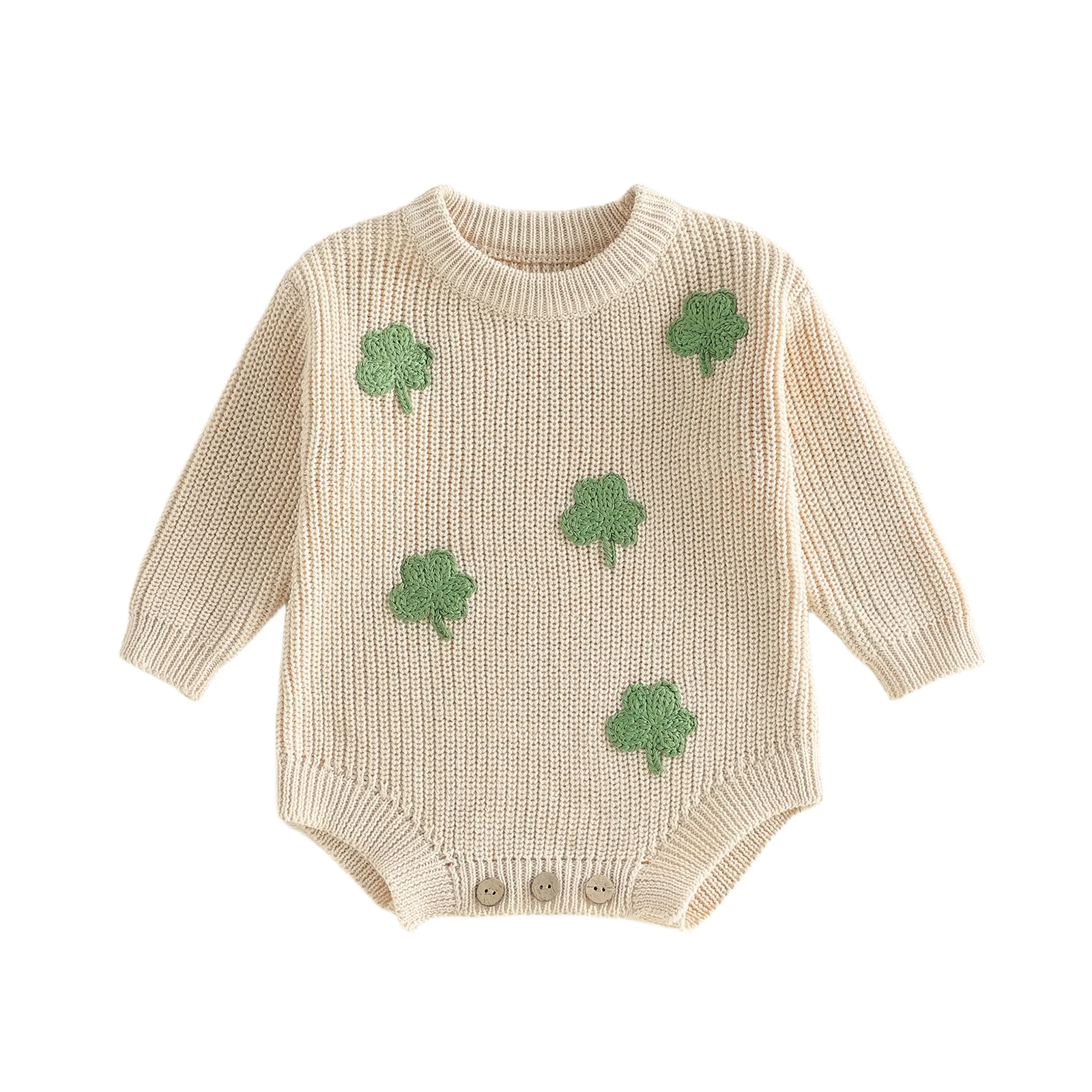   소녀 소년 롬퍼 긴 소매 크루 넥 샴록 자수 귀여운 봄 니트 점프 슈트