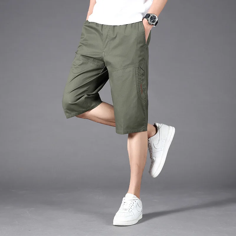 Summer Men's Pure Cotton Casual Shorts Oversized Loose Fitting Cropped Pants Solid Color Multi Pocket Workwear Capris