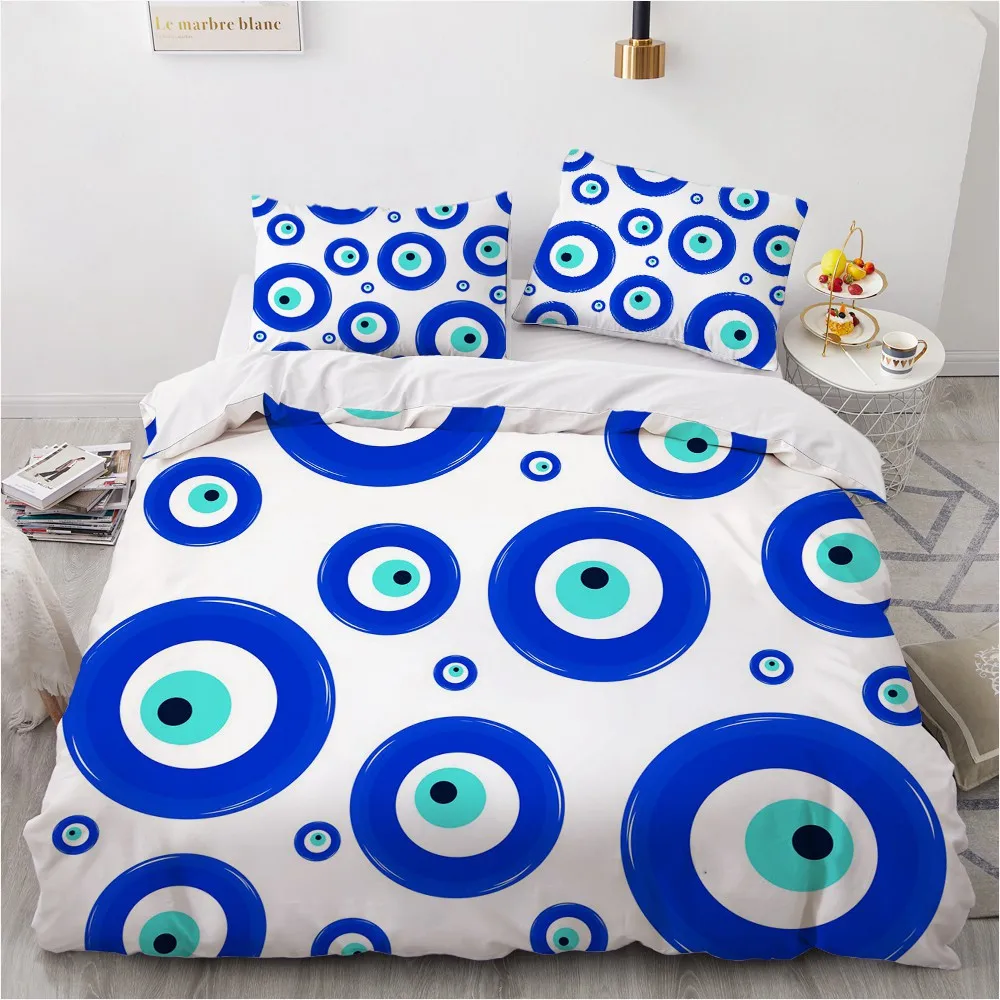 SetDesignDuvetCoverSetsBlue3DEvilEyeBeddingWhiteBedclothes