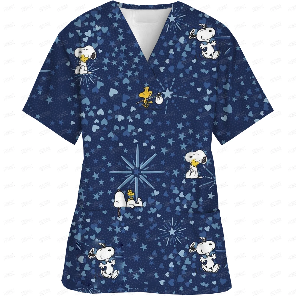 Surgical Wear Work Clothes Cartoon Snoopy print Hand Washing Nurse Uniform Women's V Neck Short Sleeve T-Shirt Tops 5