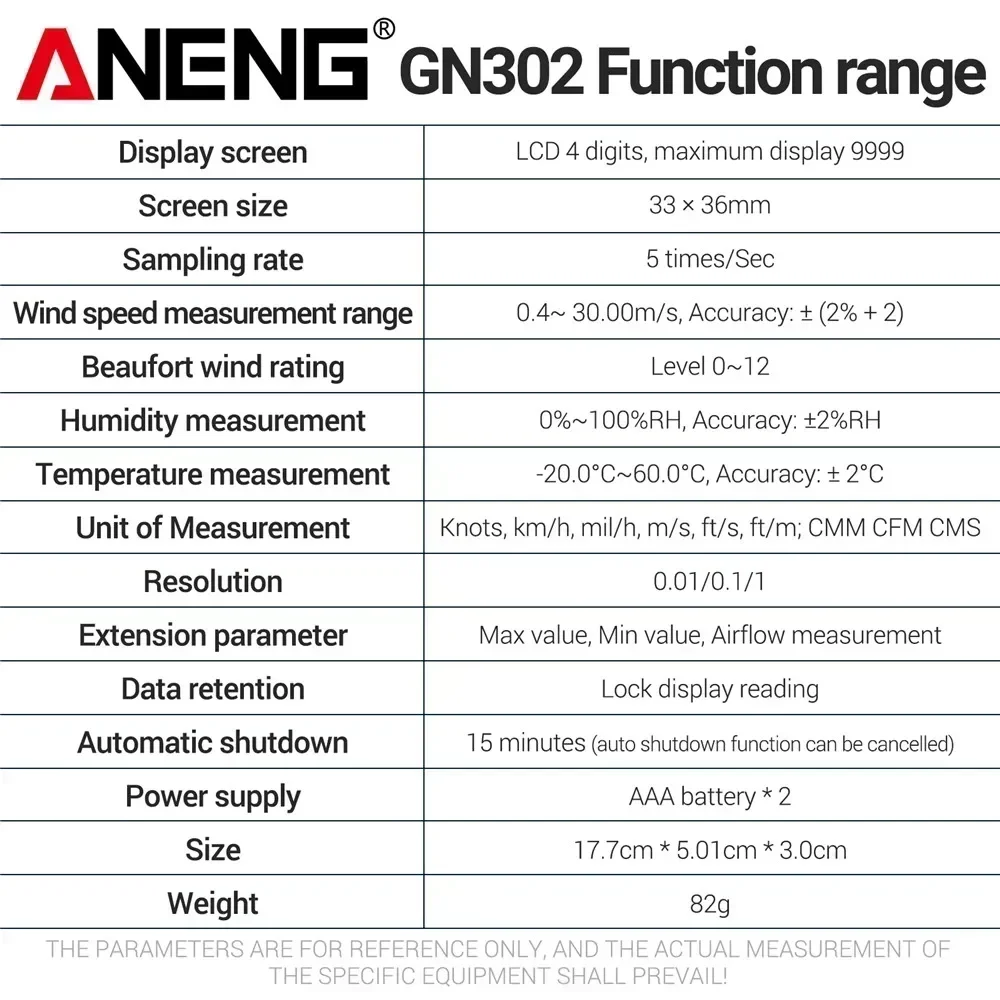디지털 풍속계 0.430m/s ANENG GN302 휴대용 풍속 측정기 습도 공기 속도 공기 흐름 -20 ° 씨60 ° C 온도 테스트
