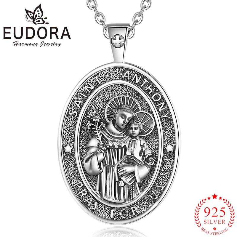 

Eudora 925 Sterling Silver Saint Anthony Patronus Necklace Vintage Medallion Pendant Religious Faith Jewelry Gift for Men Women