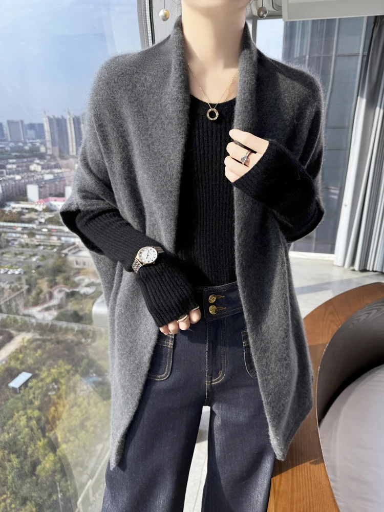 100% Merino Wool Shawl Women's Knitted Sleeveless Cardigan Autumn Winter Thick Warm Solid Color Cape Fashion Korean Loose Jacket 6