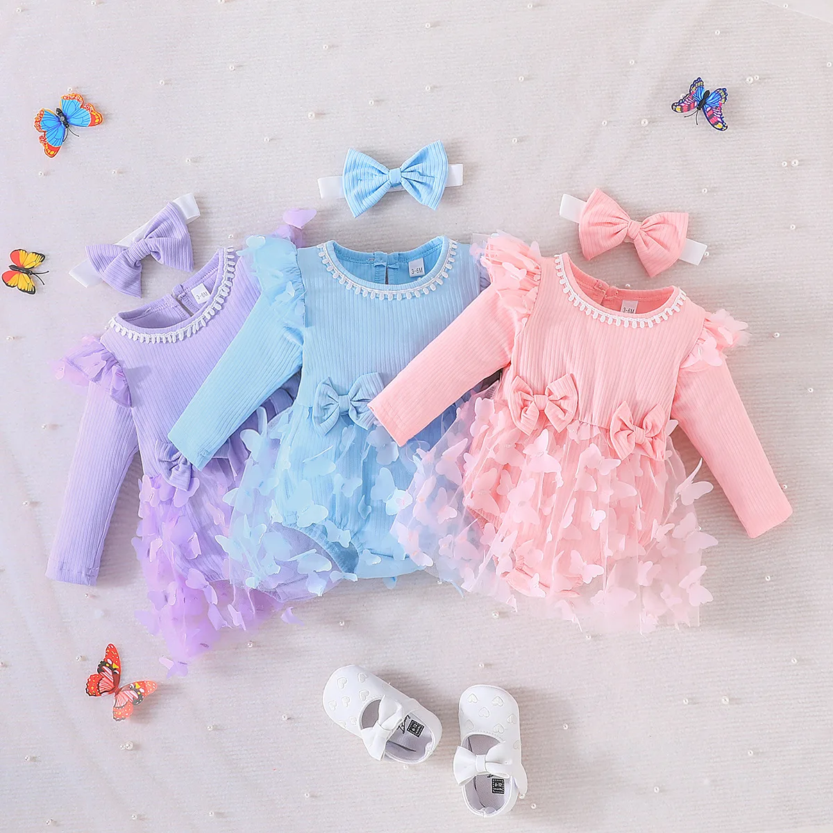 

Infant Baby Girl Romper Dress Long Sleeves 3D Butterfly Layers Princess Party Formal Dresses Outfit+Headband