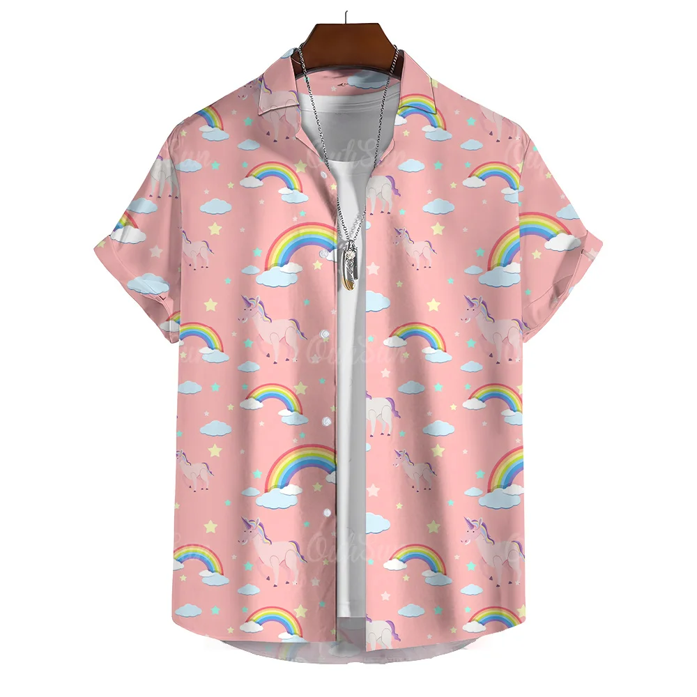 

Summer Casual Shirt For Men 3d Rainbow Cartoon Print Short Sleeve Lapel Tops Fresh Shirts Women And Men Clothing Hawaii Blouses