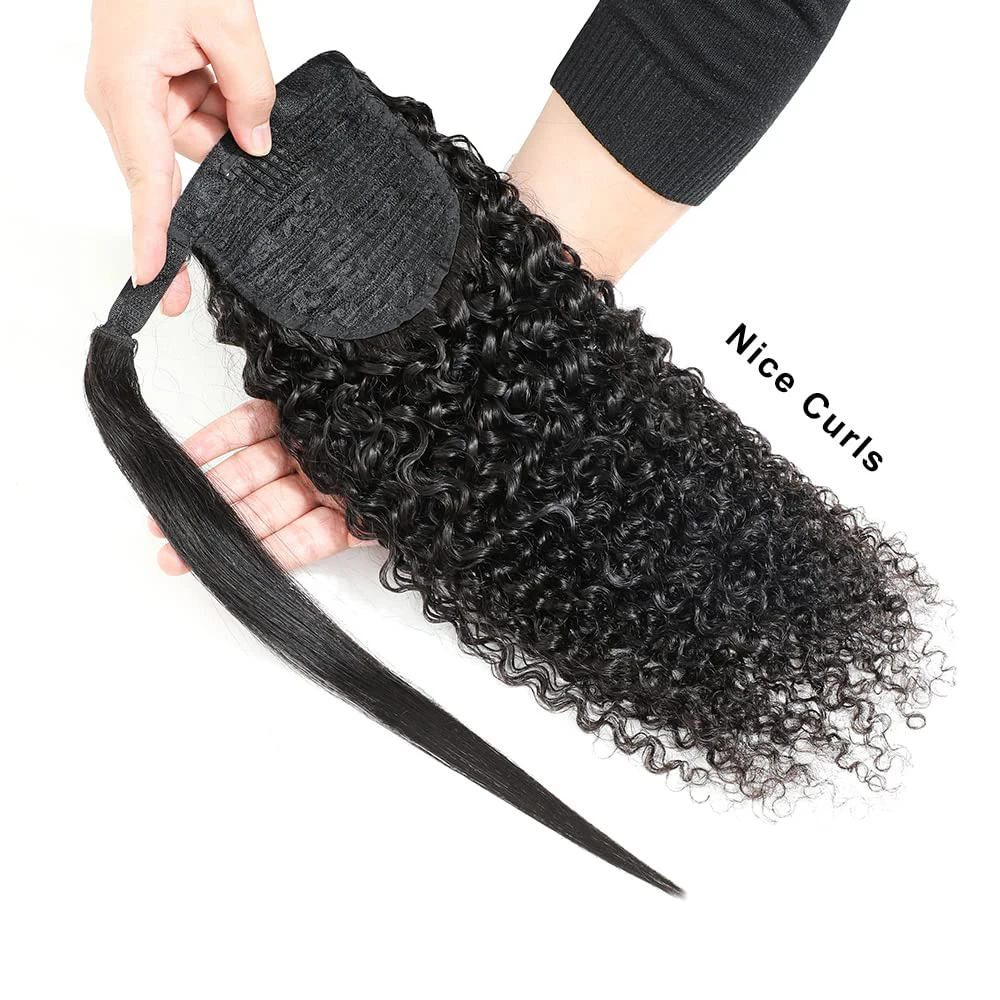 Curly Human Hair Strap Ponytail Extensions 100% Unprocessed Brazilian Hair Wrap Around Ponytails Magic Paste with Comb Clip in