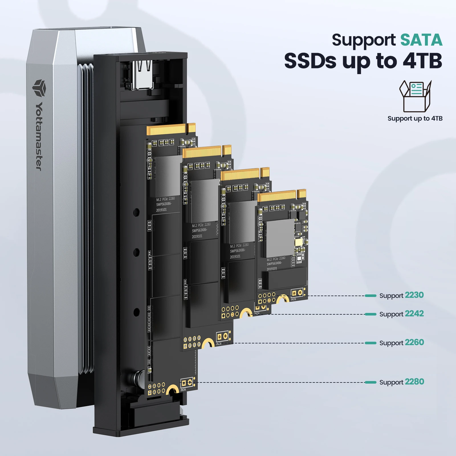 Yottamaster M2 NVME SSD 케이스 NVMe PCIE 3.0 PCIE 4.0 SSD 인클로저, USB 3.1 GEN2 C타입 10Gbp 외부 스토리지 박스, 4TB SSD 케이스